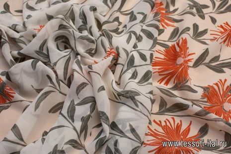 Шифон купон (1,35м) (н) серо-оранжевый растительный орнамент на айвори - итальянские ткани Тессутидея арт. 02-9022
