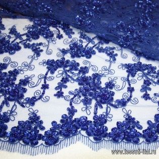 Кружево на сетке расшитое стеклярусом и паетками (о) ярко-синее ш-130см - итальянские ткани Тессутидея арт. 03-3304