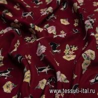 Крепдешин (н) кошки и цветы на бордовом - итальянские ткани Тессутидея арт. 10-0951
