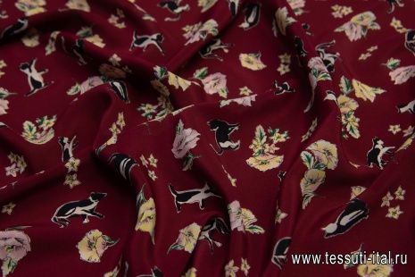 Крепдешин (н) кошки и цветы на бордовом - итальянские ткани Тессутидея арт. 10-0951