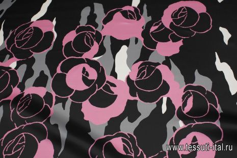 Органза купон (1,6м) (н) серо-бело-розовый абстрактный рисунок на черном - итальянские ткани Тессутидея арт. 10-3608