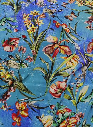 Крепдешин (н) цветочный рисунок и насекомые на сине-бирюзовом - в интернет-магазине тканей Тессутидея арт. 10-3432