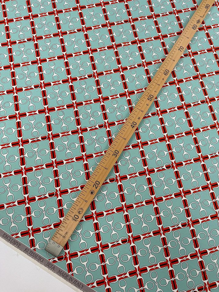 Шелк атлас стрейч (н) черно-бело-оранжевый рисунок на тиффани - итальянские ткани Тессутидея арт. 10-4866