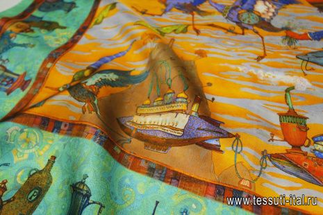 Шелк купон-платок 90*90см с салатовым бордюром - итальянские ткани Тессутидея арт. F-6845
