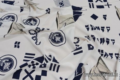 Крепдешин (н) сине-бежевая морская тема на белом в стиле Ralph Lauren - итальянские ткани Тессутидея арт. 10-2474