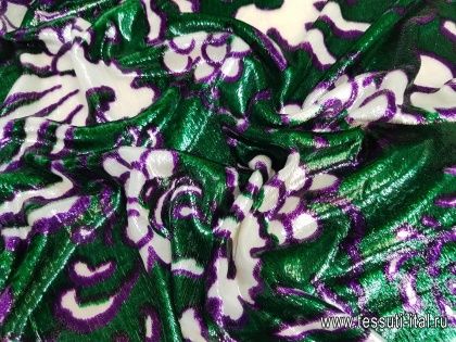 Бархат с люрексом (н) бело-зелено-фиолетовый орнамент - итальянские ткани Тессутидея арт. 03-5922