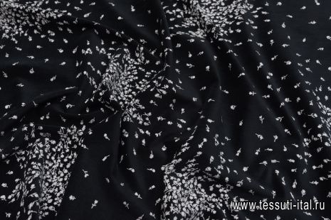 Микровельвет стрейч (н) белый цветочный рисунок на черном - итальянские ткани Тессутидея арт. 01-7062