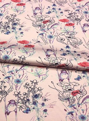 Плательная стрейч (н) цветочный орнамент птицы и бабочки на розовом - в интернет-магазине тканей Тессутидея арт. 01-4106