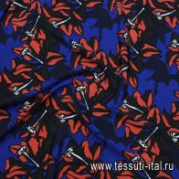 Крепдешин (н) коричнево-коралловая цветочная абстракция на синем - итальянские ткани Тессутидея арт. 10-3843