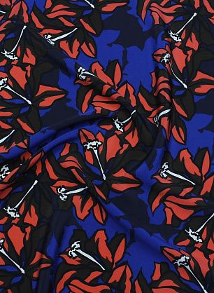 Крепдешин (н) коричнево-коралловая цветочная абстракция на синем - в интернет-магазине тканей Тессутидея арт. 10-3843