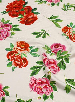 Шелк дама (н) красно-розовый цветочный рисунок и горох на белом - в интернет-магазине тканей Тессутидея арт. 10-3670