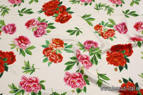Шелк дама (н) красно-розовый цветочный рисунок и горох на белом - итальянские ткани Тессутидея арт. 10-3670
