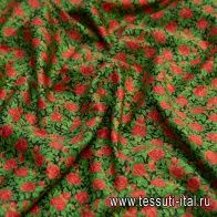 Хлопок стрейч (н) красно-зеленый цветочный орнамент на черном - итальянские ткани Тессутидея арт. 01-5715