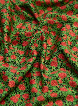Хлопок стрейч (н) красно-зеленый цветочный орнамент на черном - в интернет-магазине тканей Тессутидея арт. 01-5715