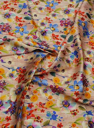 Шелк атлас стрейч (н) цветочный рисунок на розово-бежевом - в интернет-магазине тканей Тессутидея арт. 10-3425