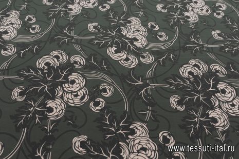 Крепдешин (н) бело-зеленый цветочный рисунок - итальянские ткани Тессутидея арт. 10-2922