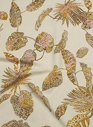 Лен+вискоза (н) желто-розово-коричневый растительный рисунок на белом - в интернет-магазине тканей Тессутидея арт. 16-1068