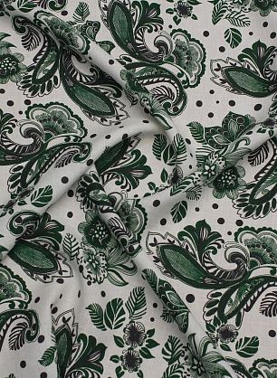Лен (н) черно-зеленый растительный рисунок на белом - в интернет-магазине тканей Тессутидея арт. 16-1035