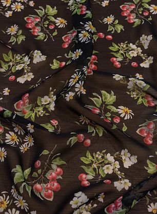 Шифон (н) вишни и ромашки на черном - в интернет-магазине тканей Тессутидея арт. 10-2592