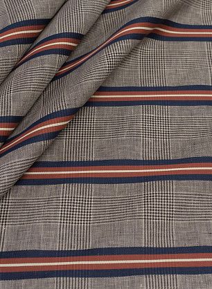 Лен костюмный (н) сине-коричневая полоска на черно-молочной стилизованной клетке - в интернет-магазине тканей Тессутидея арт. 16-0730