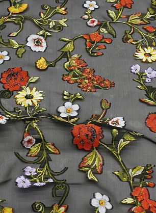 Органза филькупе (н) крупный цветочный рисунок на черном - в интернет-магазине тканей Тессутидея арт. 10-3621