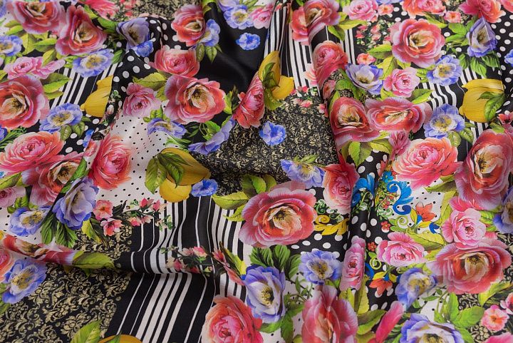 Шелк атлас (н) цветочно-лимонный принт в стиле D&G - итальянские ткани Тессутидея арт. 10-2415