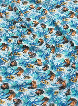 Трикотаж пике (н) обезьяны на сине-бирюзовом растительном рисунке - в интернет-магазине тканей Тессутидея арт. 12-1114