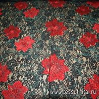 Кружевное полотно с вышивкой (н) красные цветы на черном - итальянские ткани Тессутидея арт. 03-2479