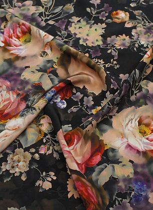 Крепдешин (н) крупный цветочный рисунок на черном - в интернет-магазине тканей Тессутидея арт. 10-3821