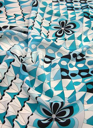 Крепдешин (н) черно-бело-бирюзовый геометрический орнамент Bessi - в интернет-магазине тканей Тессутидея арт. 10-1083