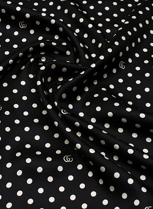 Шелк твил (н) белый логотип и горох на черном - в интернет-магазине тканей Тессутидея арт. 10-3447