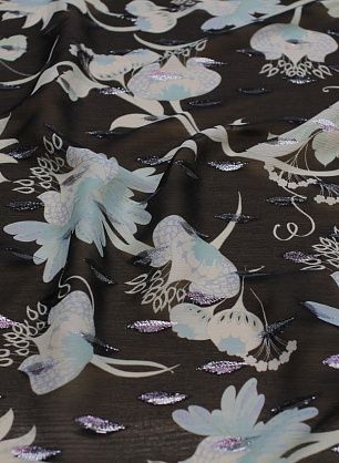 Шифон с люрексом (н) бело-мятно-голубой цветочный рисунок на черном - в интернет-магазине тканей Тессутидея арт. 10-3280