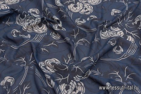 Батист (н) бежево-черный цветочный рисунок на темно-синем - итальянские ткани Тессутидея арт. 01-7053