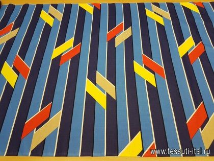 Плательная (н) красно-желто-бежевый геометрический орнамент на сине-голубой полоске - итальянские ткани Тессутидея арт. 01-4154
