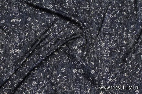 Шелк атлас стрейч (н) бело-голубой цветочный рисунок на синем меланже - итальянские ткани Тессутидея арт. 10-3755