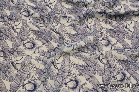 Маркизет (н) синий растительный рисунок и птицы на белом - итальянские ткани Тессутидея арт. 10-3436