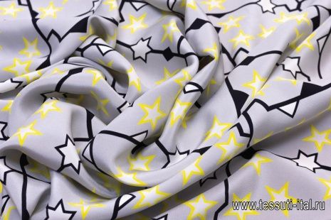 Шелк матовый (н) черно-бело-желтые звезды на сером - итальянские ткани Тессутидея арт. 02-8860