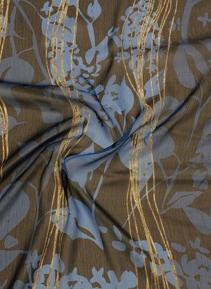 Шифон крэш (н) голубой растительный рисунок на черном и бежевые стилизованные полосы - в интернет-магазине тканей Тессутидея арт. 10-3928