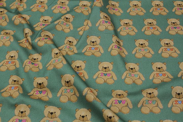 Хлопок стрейч (н) мишки на зеленом - итальянские ткани Тессутидея арт. 01-7189