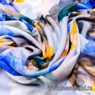 Крепдешин (н) крупная цветочная акварель на голубом - итальянские ткани Тессутидея арт. 02-8437