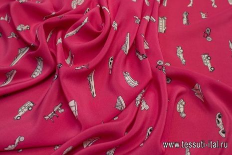 Крепдешин (н) кораблики и машинки на темно-розовом в стиле Ralph Lauren - итальянские ткани Тессутидея арт. 10-0558