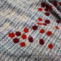 Шанель с вышивкой (н) укроп и ягоды на сине-бело-бирюзовом  - итальянские ткани Тессутидея арт. 03-5581