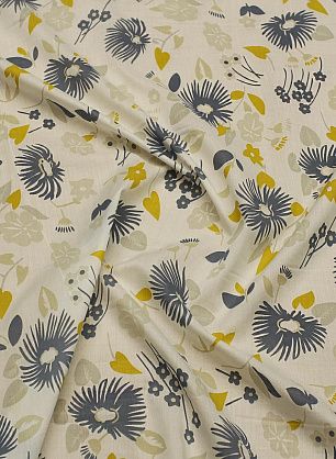 Хлопок (н) сине-желто-бежевый цветочный рисунок на белом - в интернет-магазине тканей Тессутидея арт. 01-7943