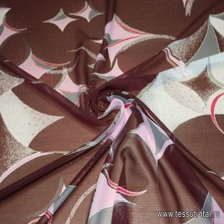 Шифон (н) серо-розовый геометрический орнамент на бордовом - итальянские ткани Тессутидея арт. 02-5090