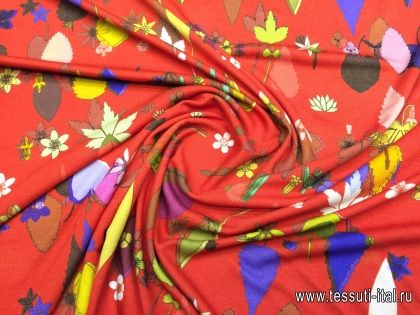 Трикотаж хлопок с вискозой (н) цветочно-растительный орнамент на красном - итальянские ткани Тессутидея арт. 14-1459