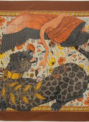 Шелк купон-платок 90*90см гепард и фламинго - в интернет-магазине тканей Тессутидея арт. F-6228