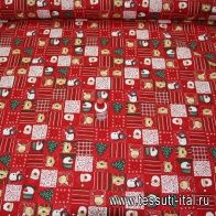 Хлопок "Новогодний" (н) снеговики и мишки на красном - итальянские ткани Тессутидея арт. 01-2145