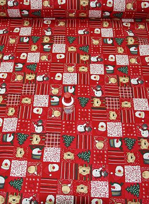 Хлопок "Новогодний" (н) снеговики и мишки на красном - в интернет-магазине тканей Тессутидея арт. 01-2145