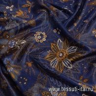 Крепдешин с люрексом (н) цветочный рисунок на темно-синем в стиле Hermes - итальянские ткани Тессутидея арт. 10-2263