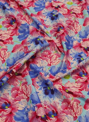 Хлопок (н) розово-голубой цветочный рисунок на светло-бирюзовом - в интернет-магазине тканей Тессутидея арт. 01-7777